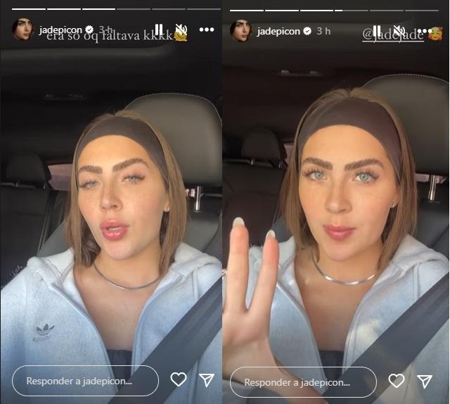 Print do storie de Jade Picon no momento do acidente. Ela está usando cinto d segurança, no banco de um carro 