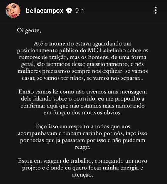 Bella Campos confirma término com MC Cabelinho