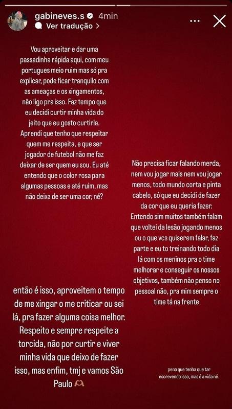 Post na rede social de Gabriel Neves