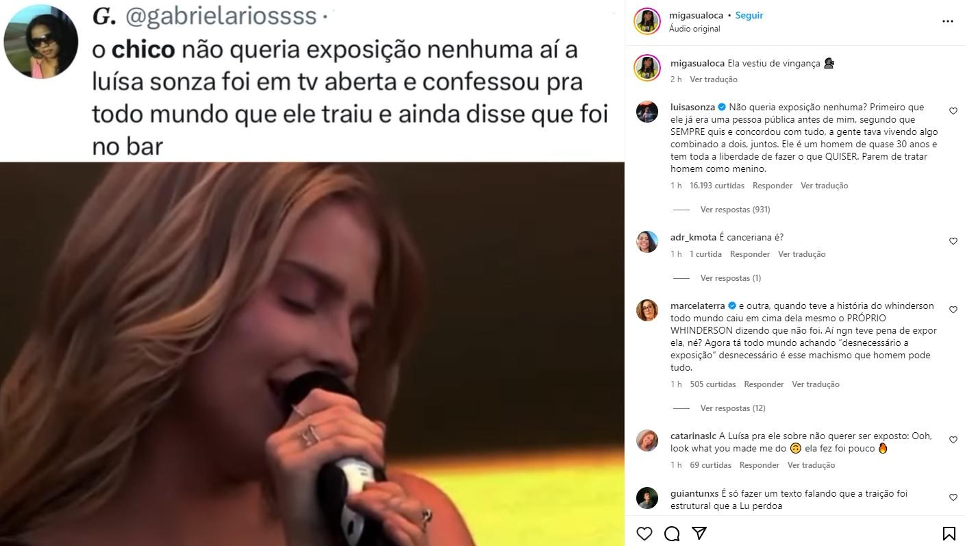 Luísa Sonza comenta em publicação no Instagram sobre seu término.