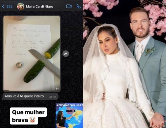 Print dos stories de Thiago Nigro à esquerda; Foto de Maíra Cardi e Thiago Nigro à direita