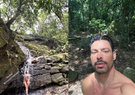 Grazi Massafera posa em cachoeira à esquerda; Cauã Reymond tira selfie na natureza à direita