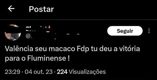 Comentário racista no X (Twitter)