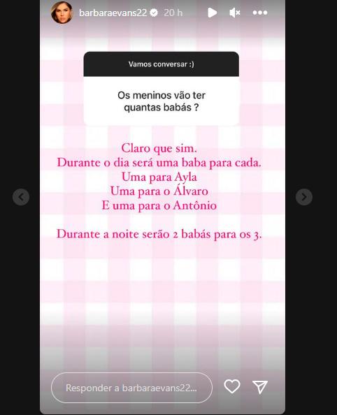 Bárbara Evans responde seguidor sobre quantidade de babás