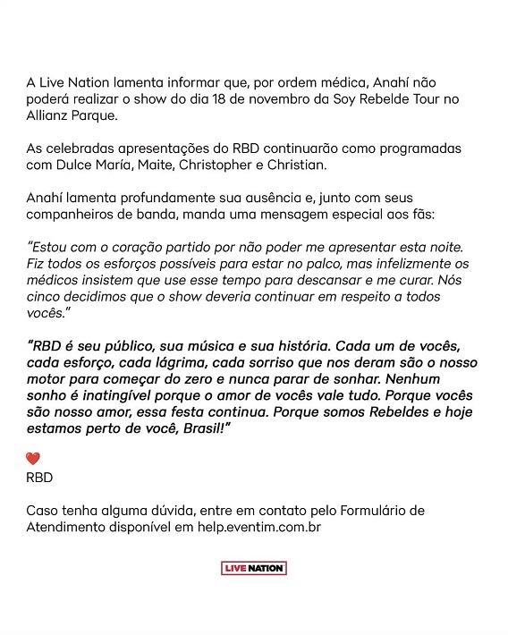 Live Nation confirma ausência de Anahí em show