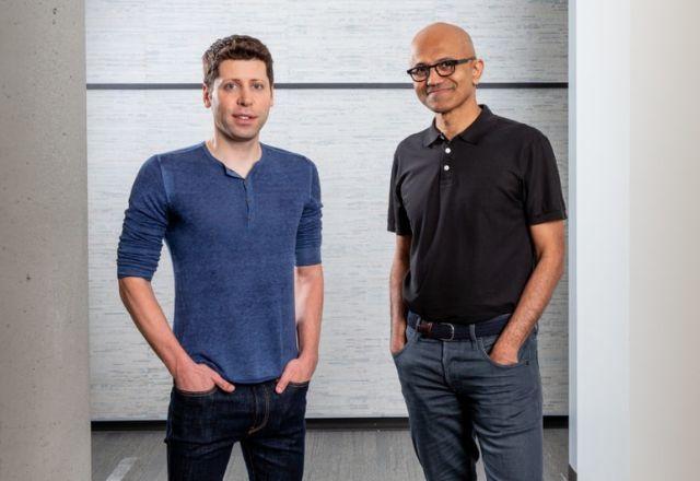 Sam Altman e Satya Nadella em foto oficial divulgada pela Microsoft | Divulgação/Microsoft