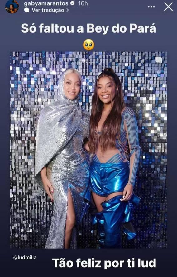 Print dos stories de Gaby Amarantos com a foto de Ludmilla e Beyoncé