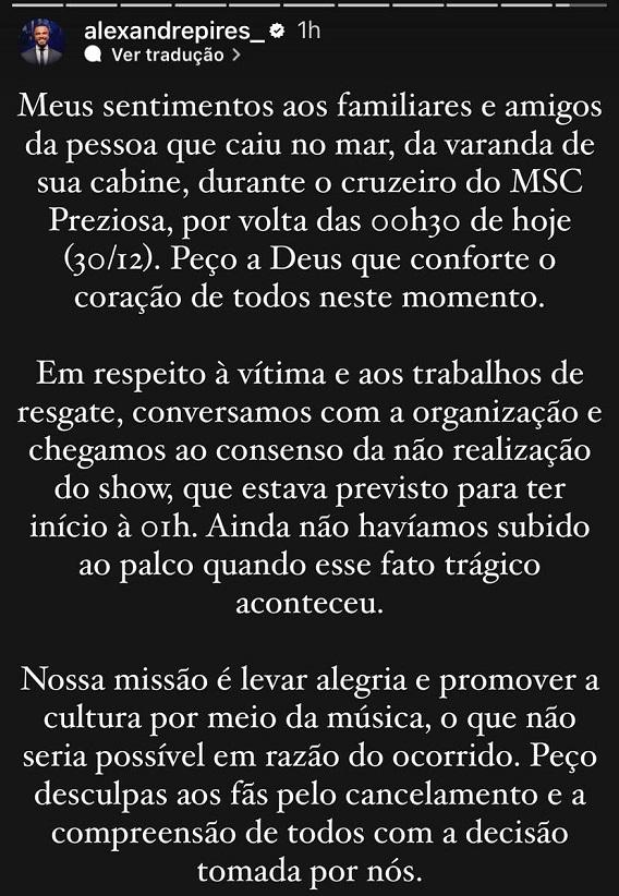 Alexandre Pires compartilha pronunciamento sobre cancelamento de show