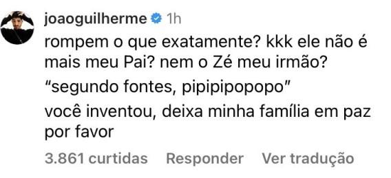 Postagem de João Guilherme sobre a relação com a família 