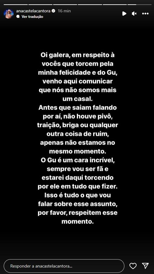 Ana Castela fala sobre término nos stories do Instagram.