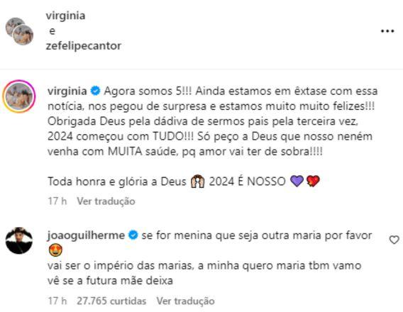 foto com comentários do perfil de Virginia e Zé Felipe, e com o comentário de João Guilherme