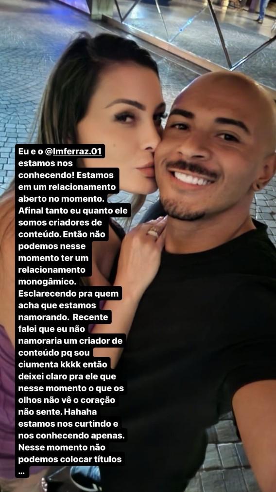 Stories de Andressa Urach falando sobre relacionamento aberto com Lucas Ferraz