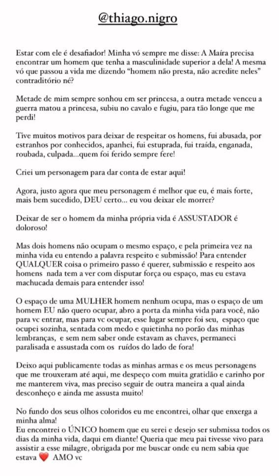 Print dos stories de Maíra Cardi falando sobre sua relação com o marido