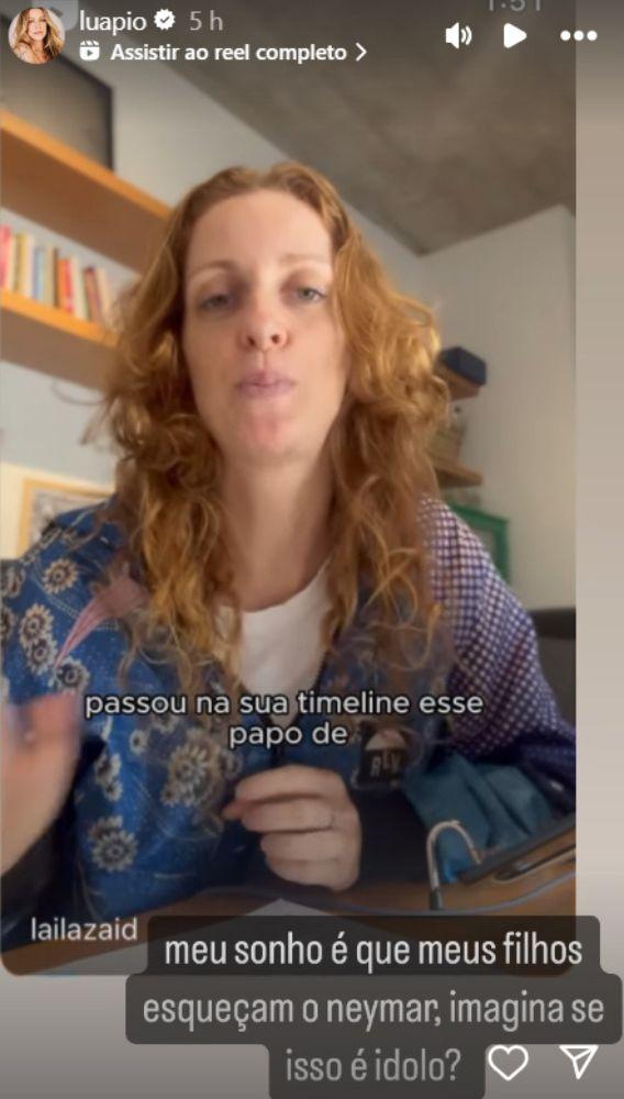 Print de uma publicação de Luana Piovani falando do desejo dos seus filhos pararem de admirar Neymar