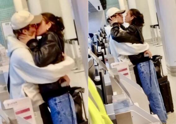 Bruna Marquezine e João Guilherme se beijando em aeroporto