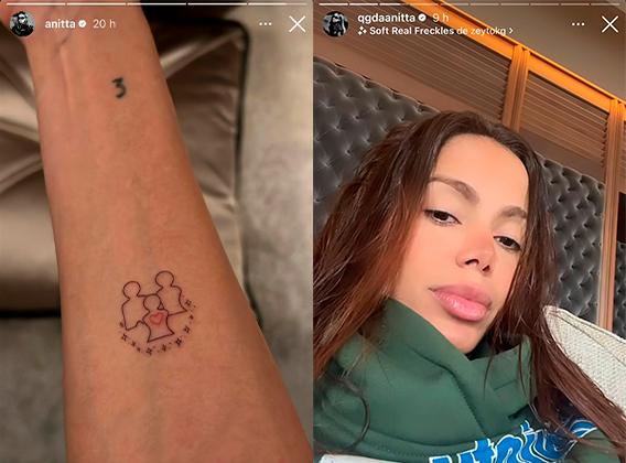 Montagem com foto da tatuagem de anitta com print de video onde a cantora explicou o que o desenho significa