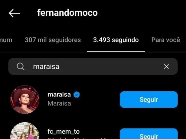 Print provando que Maraisa e Fernando Mocó voltaram a se seguir no Instagram