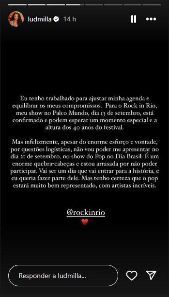 Ludmilla escreve nota sobre acidente no Instagram.