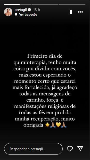 Stories de Preta Gil falando sobre quimioterapia.