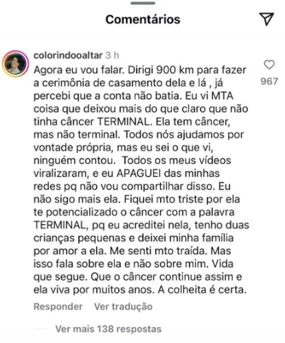 Celebrante de casamento de Isabel Veloso desabafa nas redes sociais