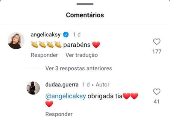 Angélica parabeniza Duda Guerra pelos 100 mil seguidores