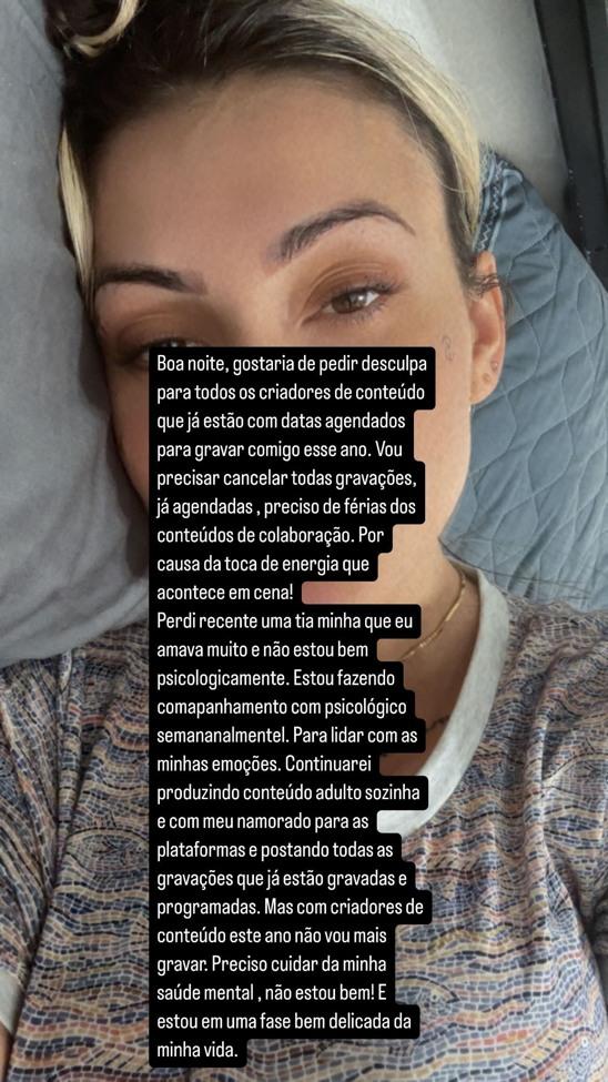 Andressa Urach anuncia pausa em colaborações para cuidar de sua saúde mental