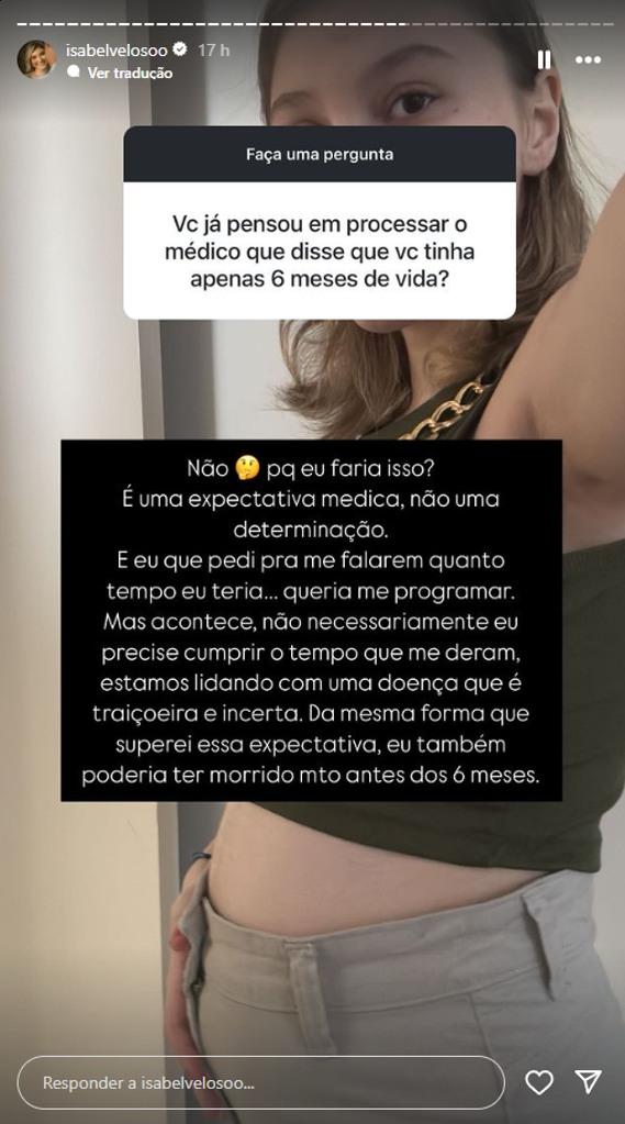 Isabel Veloso responde se pretende processar médico que lhe prognóstico de 6 meses de vida