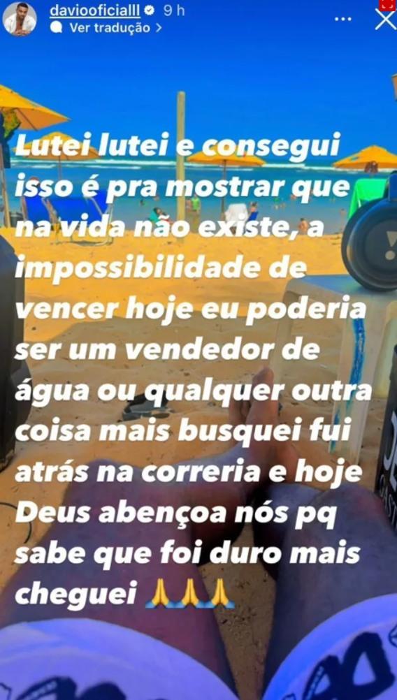 Davi Brito compartilha em suas redes reflexão sobre suas conquistas