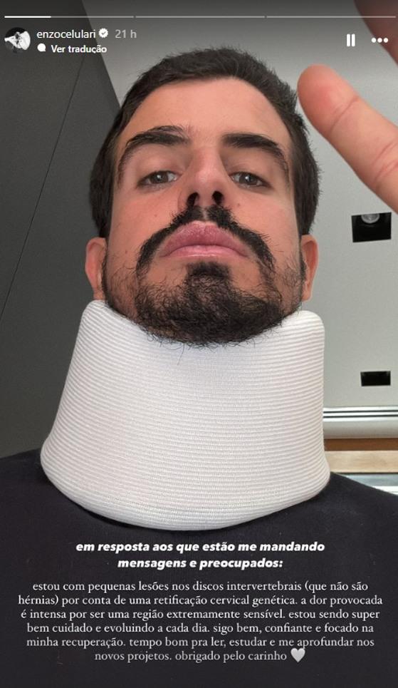 Enzo Celulari explica uso de colar cervical e tranquiliza seguidores sobre recuperação