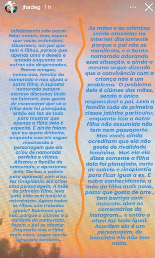 Print do texto postado no storie de Gabriella Gáspar