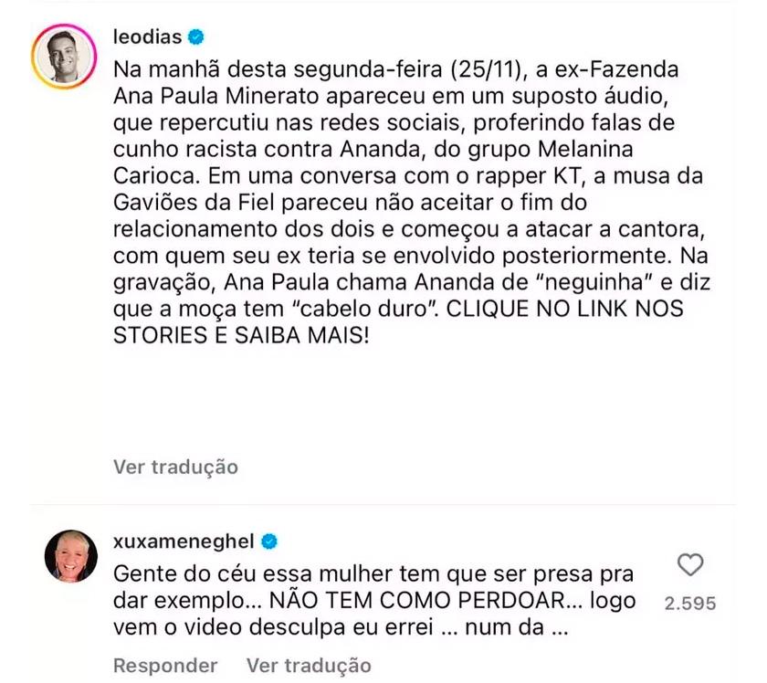 Xuxa respode a postagem de Leo Dias no Instagram e detona Ana Paula Minerato