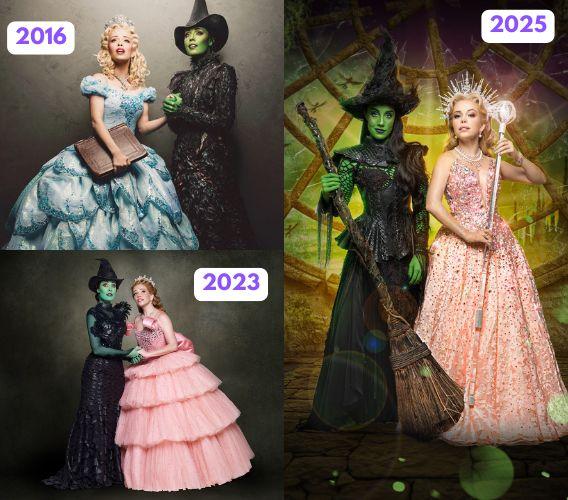 três fotos com Fabi Bang e Myra Ruiz de Glinda e Elphaba em diferentes anos