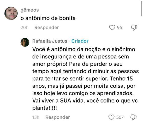 Comentário ofensivo de uma pessoa para Rafaella Justus e resposta da influenciadora