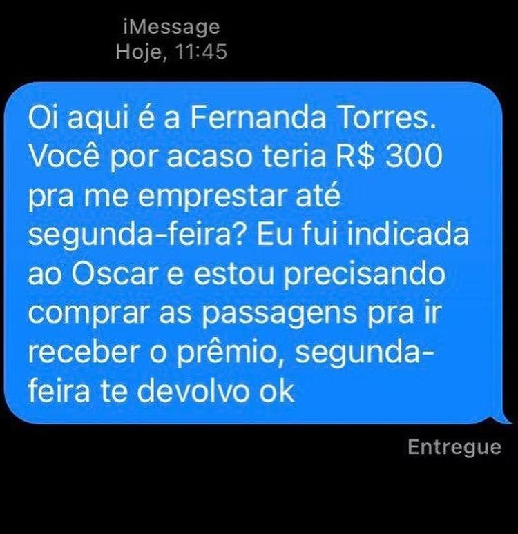 Golpista usa nome de Fernanda Torres para pedir dinheiro 