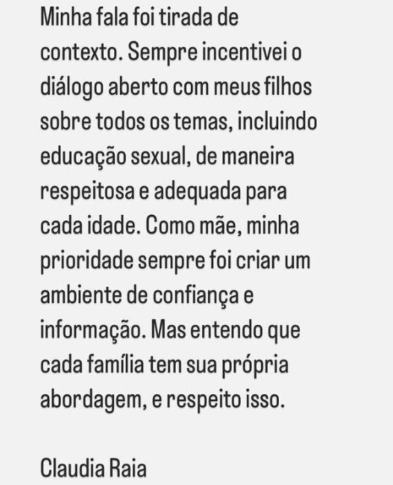 mensagem de texto com o pronunciamento de Claudia Raia