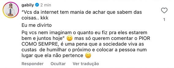 comentário feito pela cantora Gabily sobre ter ajudado Neymar e Bruna a ficarem juntos