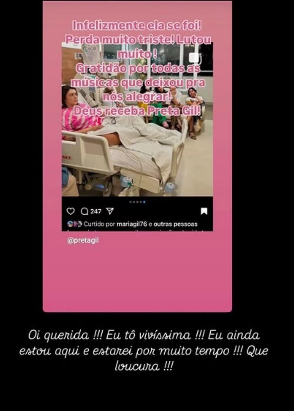 Print do storie de Preta Gil desmentindo a sua morte