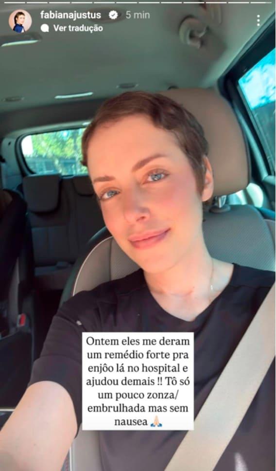 print dos stories de fabiana justus onde, no carro, ela fala sobre os efeitos da medicação