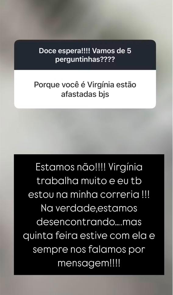 print dos stories de poliana onde ela diz que não está distante de virginia