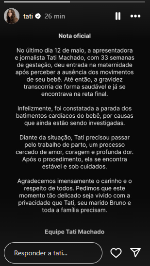 Comunicado de Tati Machado.