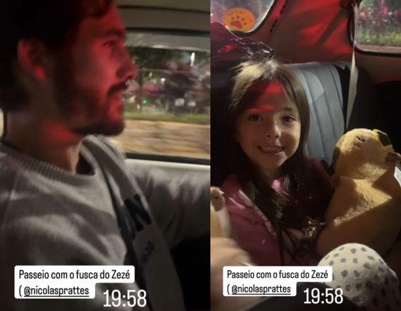 Nicolas Prattes e Zoe curtindo passeio noturno dentro de um fusca com Sabrina Sato