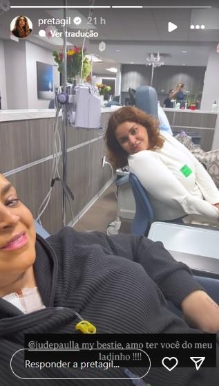Preta Gil agradece apoio de amiga durante tratamento.