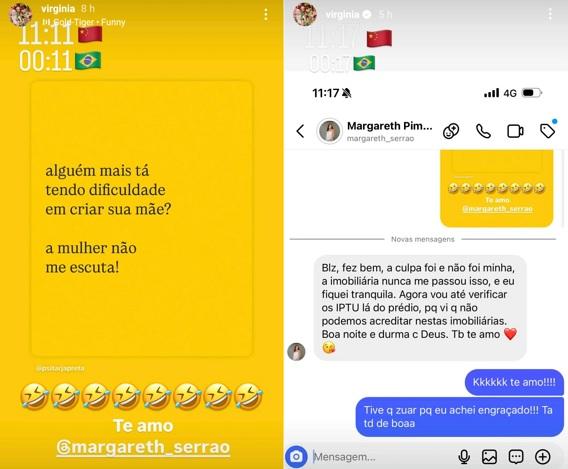 Virginia mostra mensagem que trocou com a mãe dela