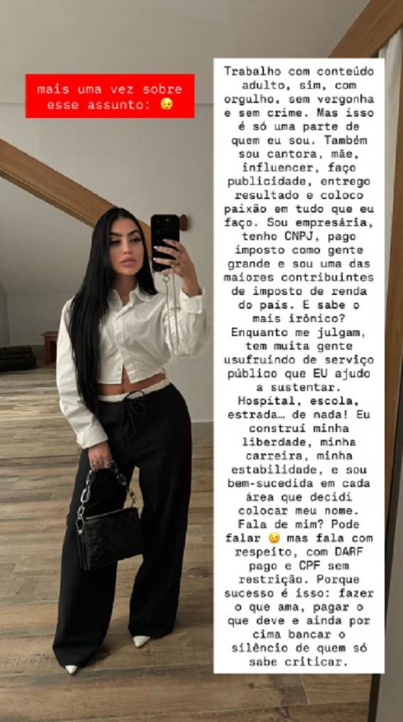 MC Mirella defende gravações de conteúdo adulto nos seus stories do instagram