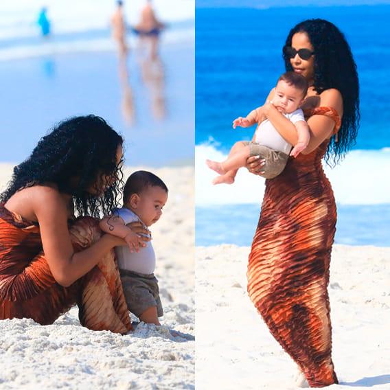 fotos de lorena com o filho rás no colo na praia no rio de janeiro