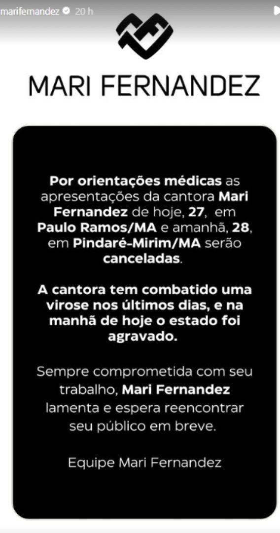 Print de nota de esclarecimento de show da Mari Fernandez