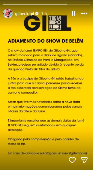 Stories de Gilberto Gil no Instagram.
