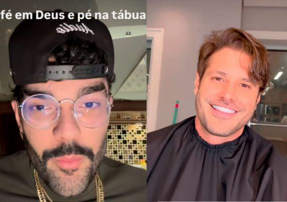 Na montagem aparece Luan Pereira de um lado, com o escrito Fé em Deus e Pé na Tábua na tela, e Dado Dolabella do outro