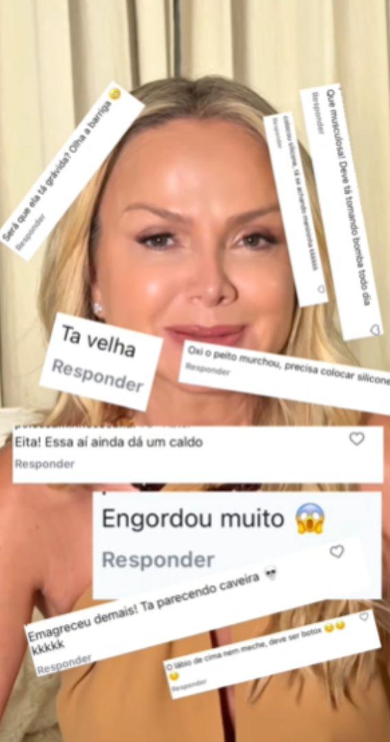 Eliana em vídeo sobre críticas com prints de comentários.