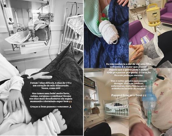 Publicação feita por Bruna Manzon falando sobre os dias de internação da filha